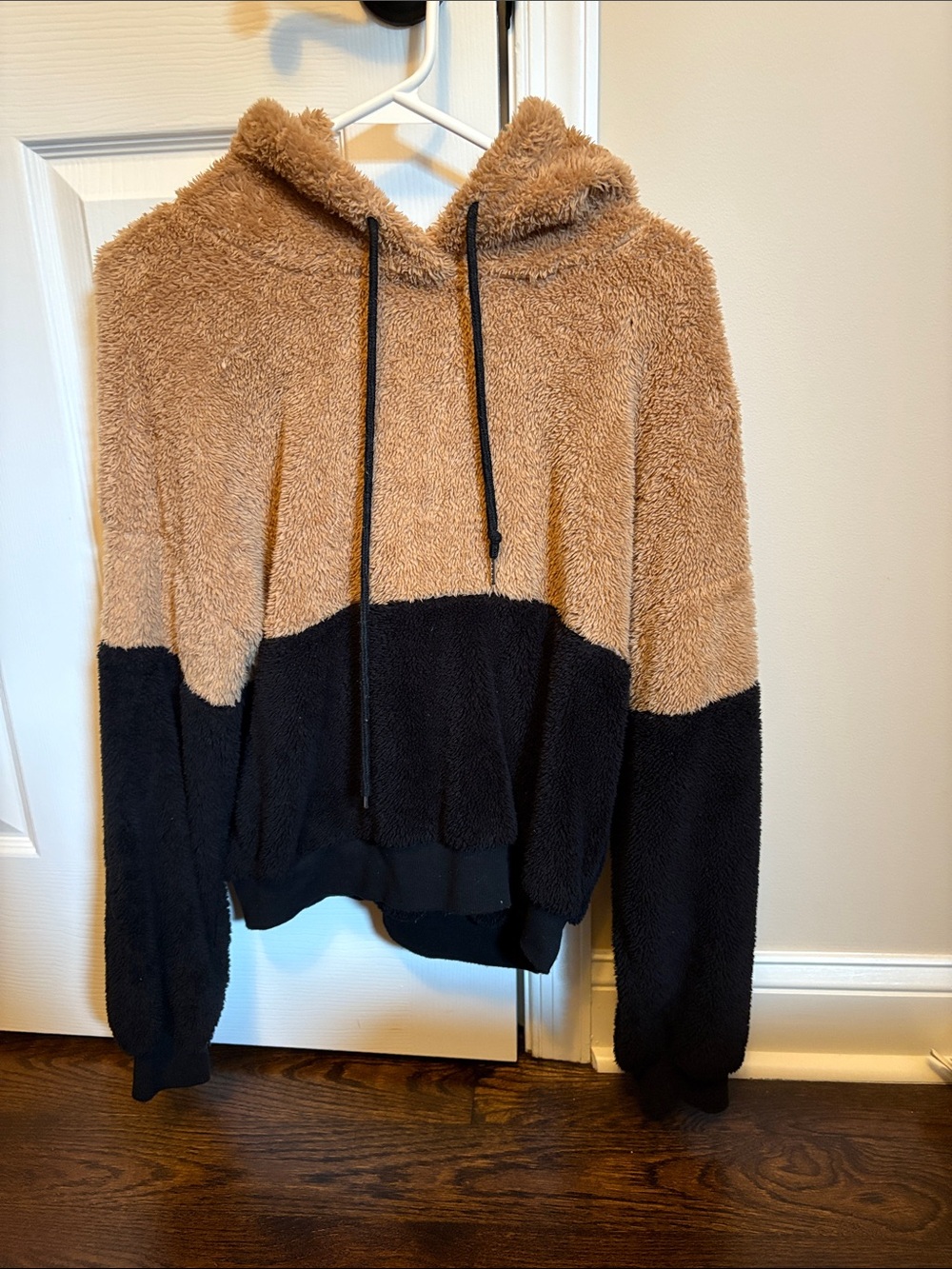 SHEIN Two-Tone Teddy Hoodie in Camel and Black